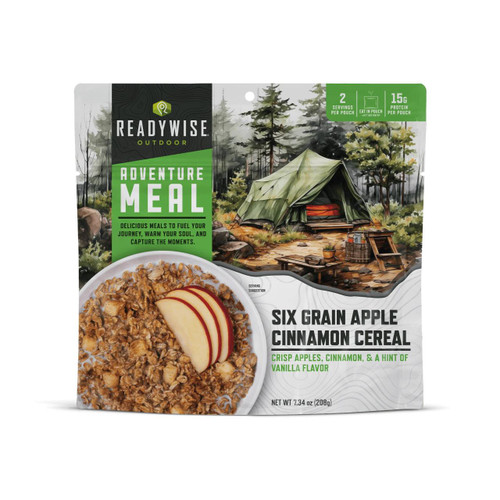 ReadyWise Readywise 6 Pack Apple Cinnamon Cereal Casual Camper, a box of cereal with a camping scene and a bowl of apple cinnamon cereal with sliced apples and cinnamon on top.