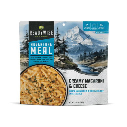 ReadyWise 6 Pack Mac & Cheese Casual Camper, adventurous outdoor meal packaging featuring mountain landscape and creamy macaroni and cheese with herbs.