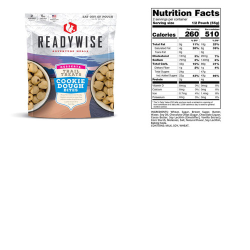 ReadyWise 6 Pack Trail Treats Cookie Dough, pack of six snack bags featuring cookie dough bites with nutrition facts display on the back.