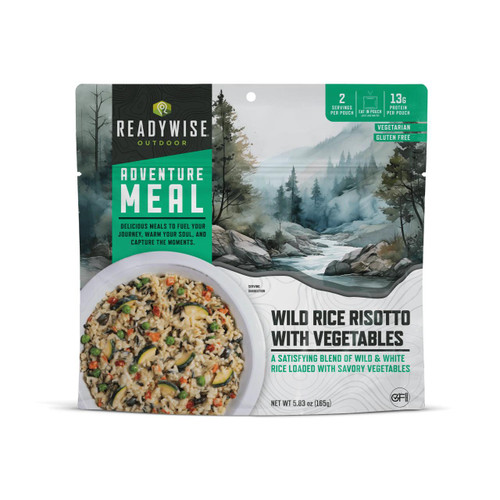 ReadyWise Readywise 6 Pack Wild Rice Risotto with Vegetables product, packaged outdoor adventure meal featuring a picture of a wilderness river scene and cooked rice risotto with vegetables.