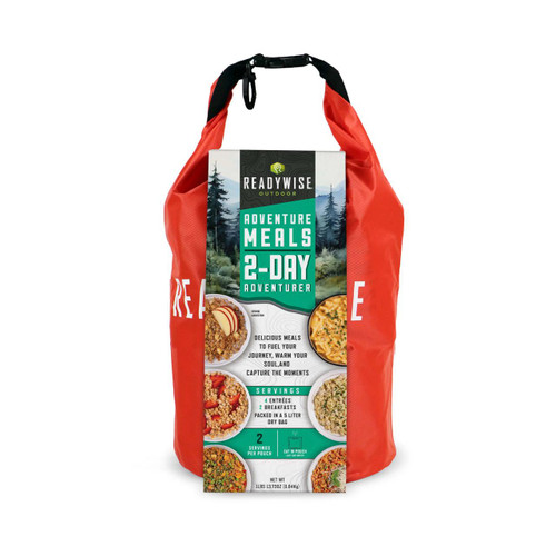 ReadyWise Readywise 2-Day Adventure Meal Kit, exterior view of a red package with a label showing images of various prepared meals for outdoor adventures.