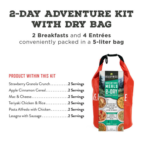 ReadyWise 2-Day Adventure Meal Kit, a red dry bag containing freeze-dried meals with a label showing various meal options for outdoor camping and adventures.