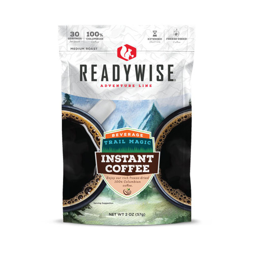 ReadyWise 6 Pack Trail Magic Coffee, a package of instant freeze-dried coffee in a resealable pouch featuring two cups of brewed coffee with a mountain background.