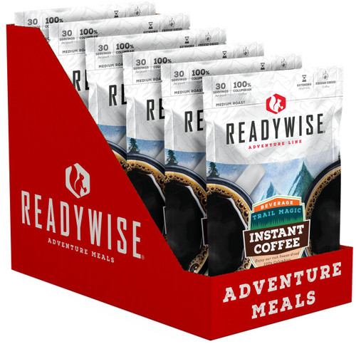 ReadyWise 6 Pack Trail Magic Coffee, instant freeze-dried coffee in individual pouches for outdoor adventures.