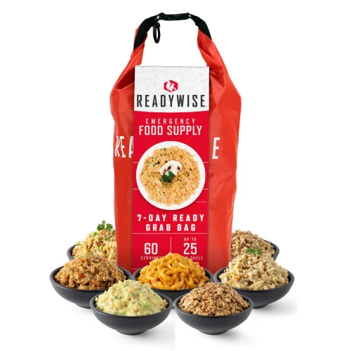 ReadyWise 7-Day Emergency Food Dry Bag - 60 Servings, emergency preparedness food supply in a red bag with multiple bowls of various cooked meals around it.