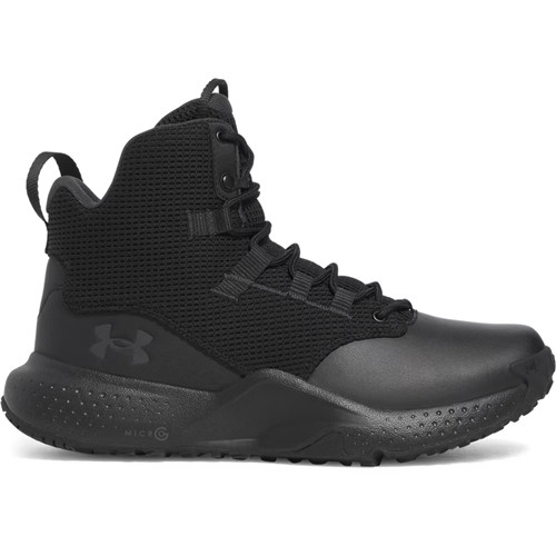 Under Armour UA Micro G Stellar Mid, black athletic sneaker with high ankle support and cushioned sole.