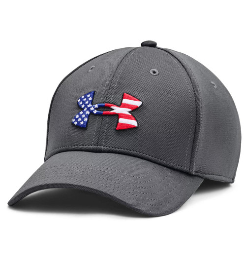 Under Armour Freedom Blitzing Hat, gray baseball cap with Under Armour logo embroidered with American flag pattern, adjustable strap and curved brim.