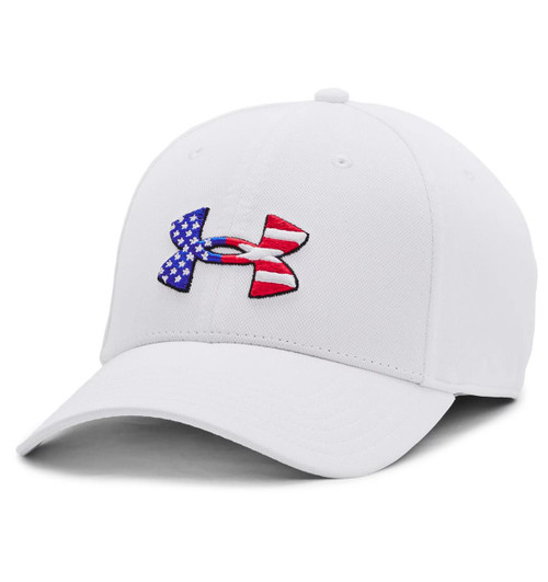 Under Armour Freedom Blitzing Hat, white baseball cap with American flag-themed logo embroidered on the front.
