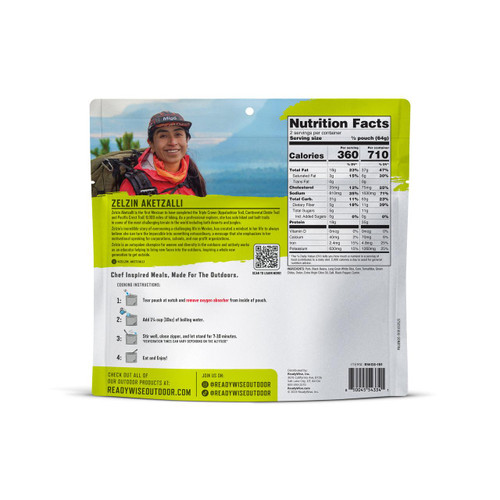 ReadyWise 6 Pack ReadyWise Pro Adventure Meal Pork Chile Verde, product packaging featuring a smiling woman in outdoor gear and nutrition facts on a silver and green pouch.