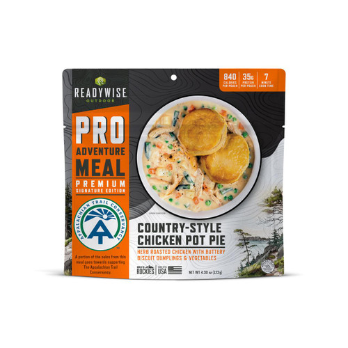 ReadyWise 6 Pack ReadyWise Pro Adventure Meal Classic Chicken Pot Pie, country-style chicken pot pie with herbed roasted chicken, buttery biscuit dumplings, and vegetables in a bowl.
