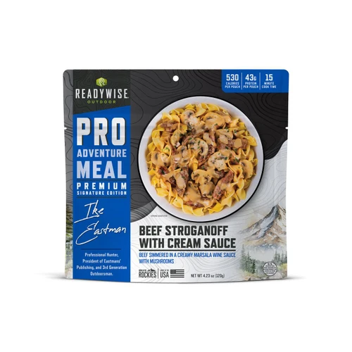 ReadyWise 6 Pack - ReadyWise Pro Adventure Meal Beef Stroganoff with Mushroom Cream Sauce, featuring a package with a bowl of beef stroganoff on the front, highlighting the creamy mushroom sauce, pasta, and beef ingredients.
