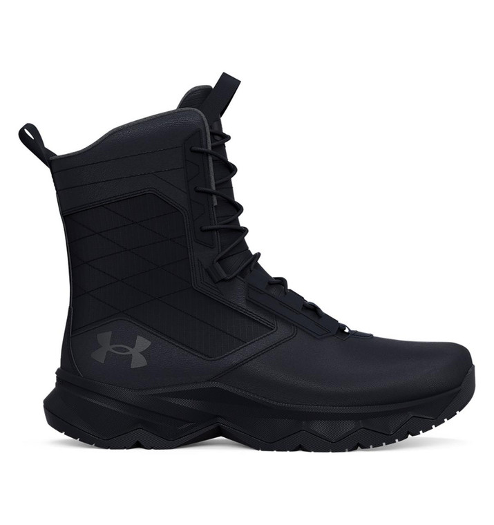 Under Armour Stellar G2 Tactical Boots, black high-top tactical boots with durable synthetic material and rugged rubber outsole for enhanced traction and support.