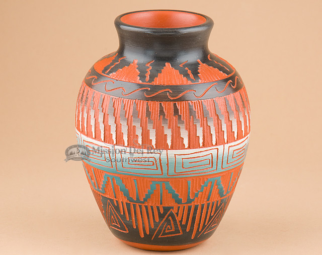 Native American Navajo Pottery Vase 7" -Kokopelli (v203) - Mission Del