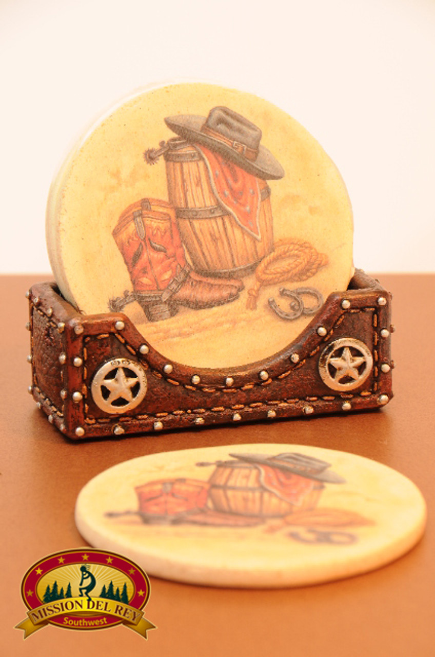 Rustic Western Coaster Set Cowboy Boots c6 Mission Del Rey