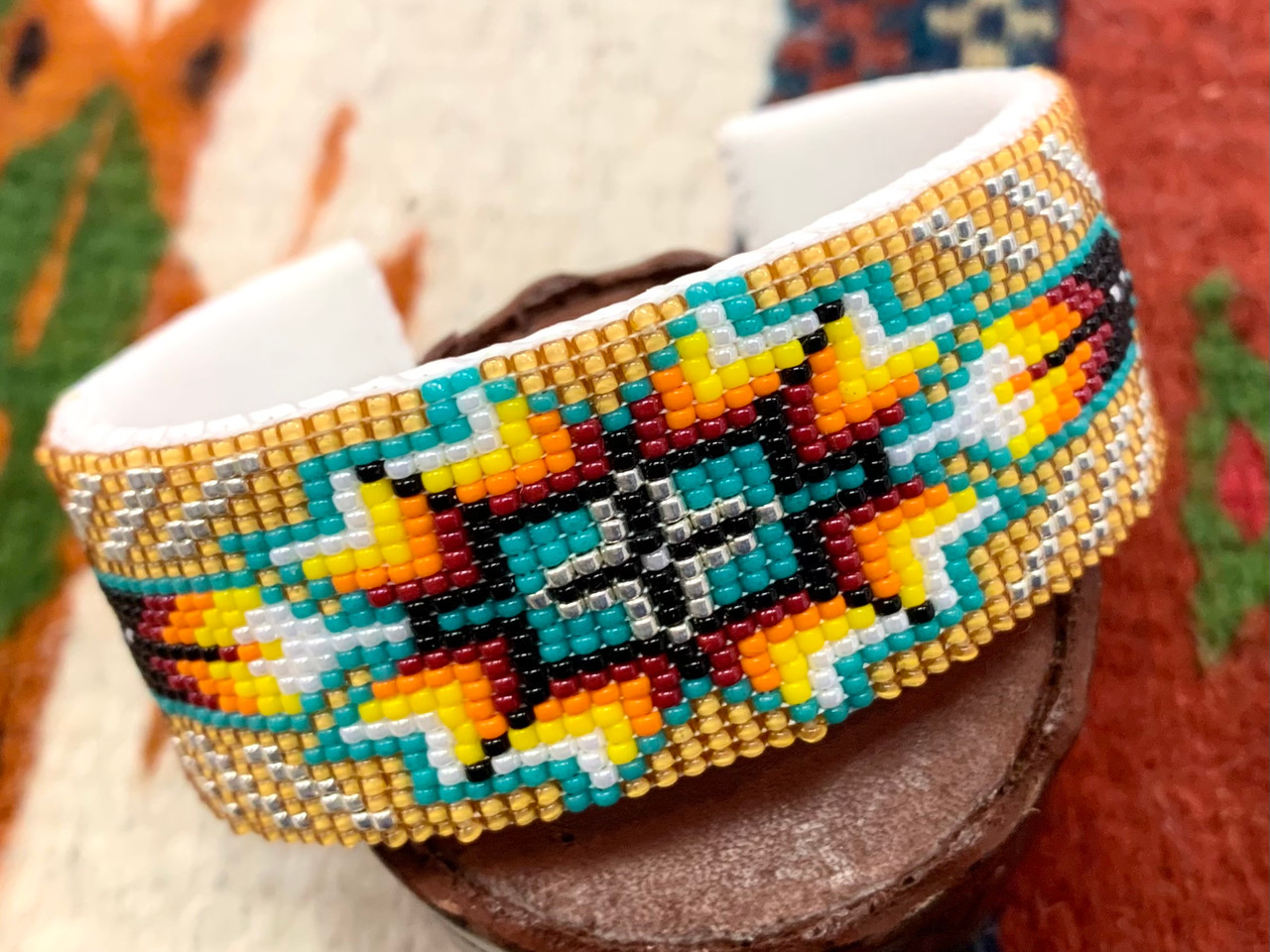 Blush and Teal Southwestern Bead Loom Woven Wide Beaded Cuff Bracelet –  Tower Creations