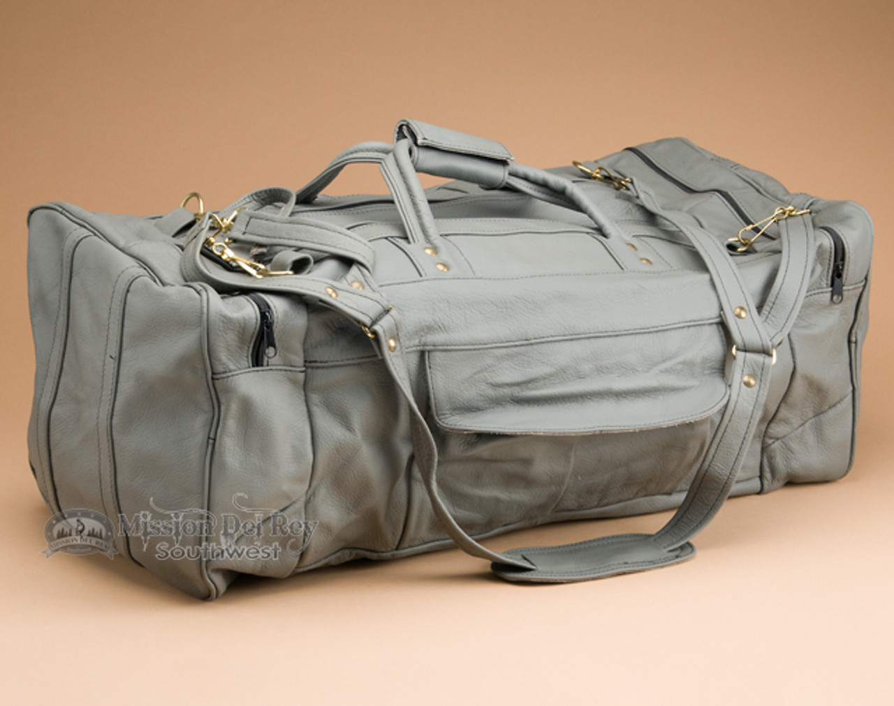 grey leather duffle bag