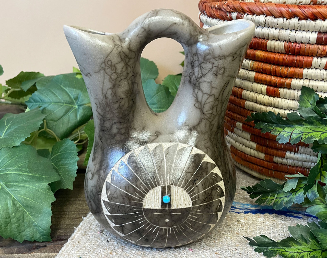 Navajo Ceramics: Horse Hair, Wedding Vase, Etched.