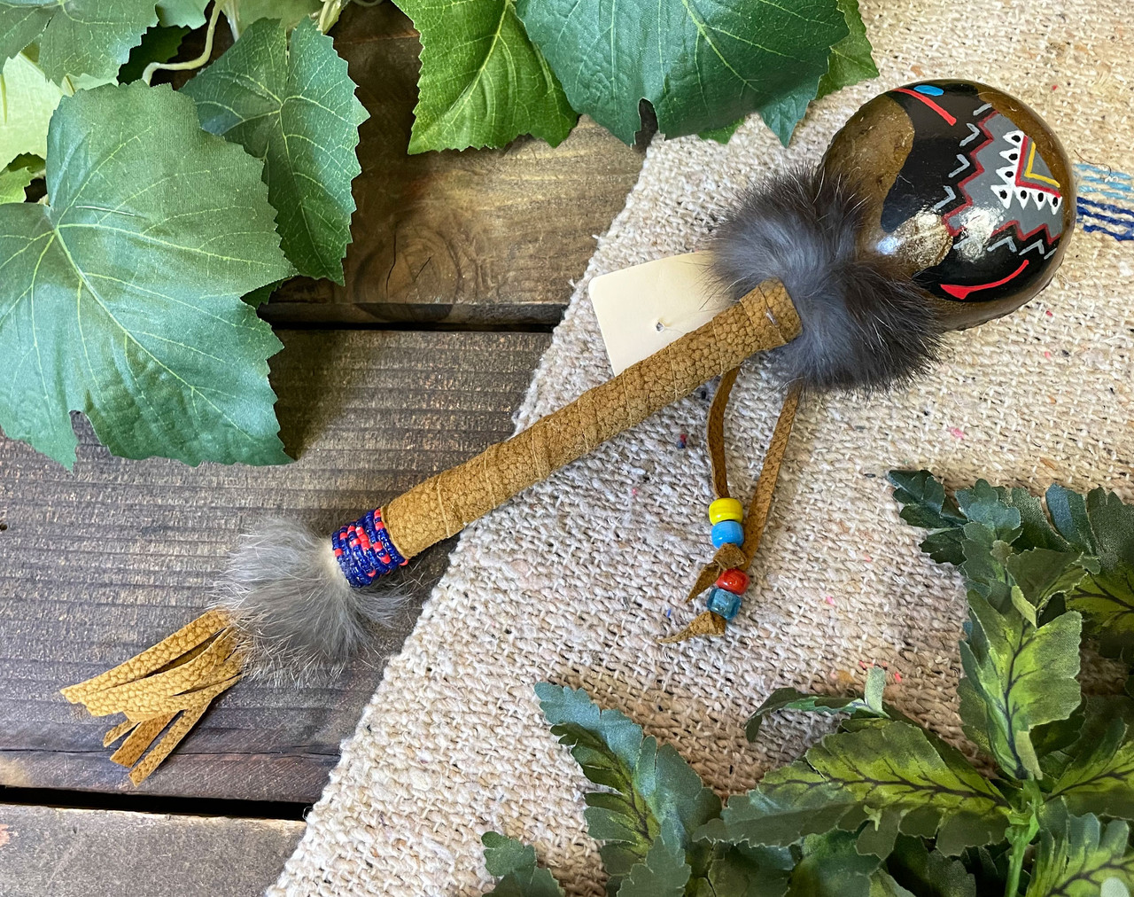 Navajo Painted Rawhide Rattle 9.5