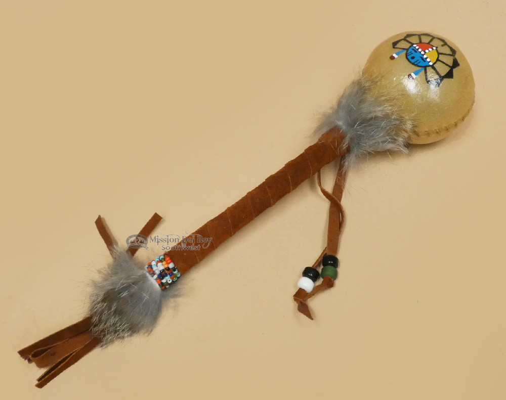 Native American Rawhide Rattle - Hopi Sun Face 10