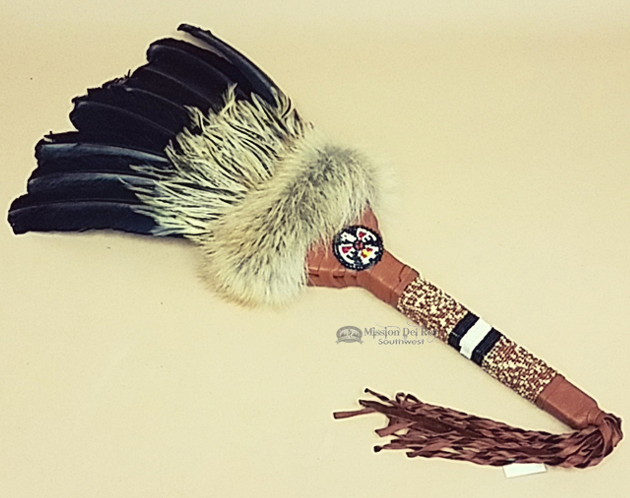 Native American Feather Fan - Dance Fan - Smudge Fan - Buckskin Handle -  Turquoise - Rainbow Beads - Powwow Fan - Regalia - Sioux - Lakota