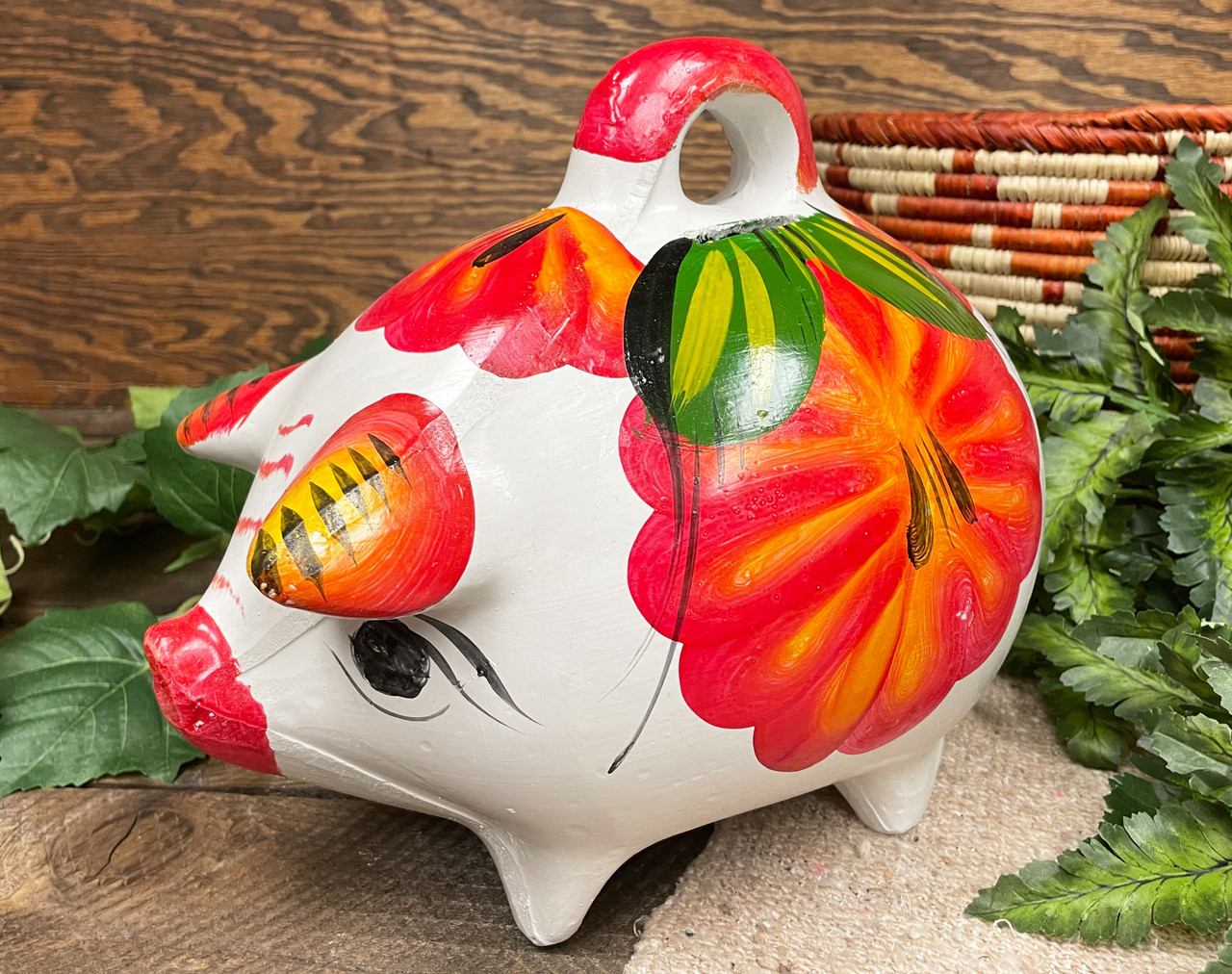 Hand Painted Mexican Pottery Piggy Bank -Red - Mission Del Rey Southwest