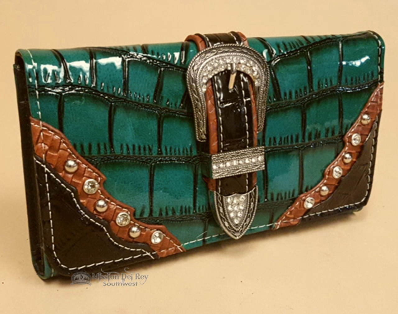 Designer Faux Alligator Western Wallet Teal Mission Del Rey