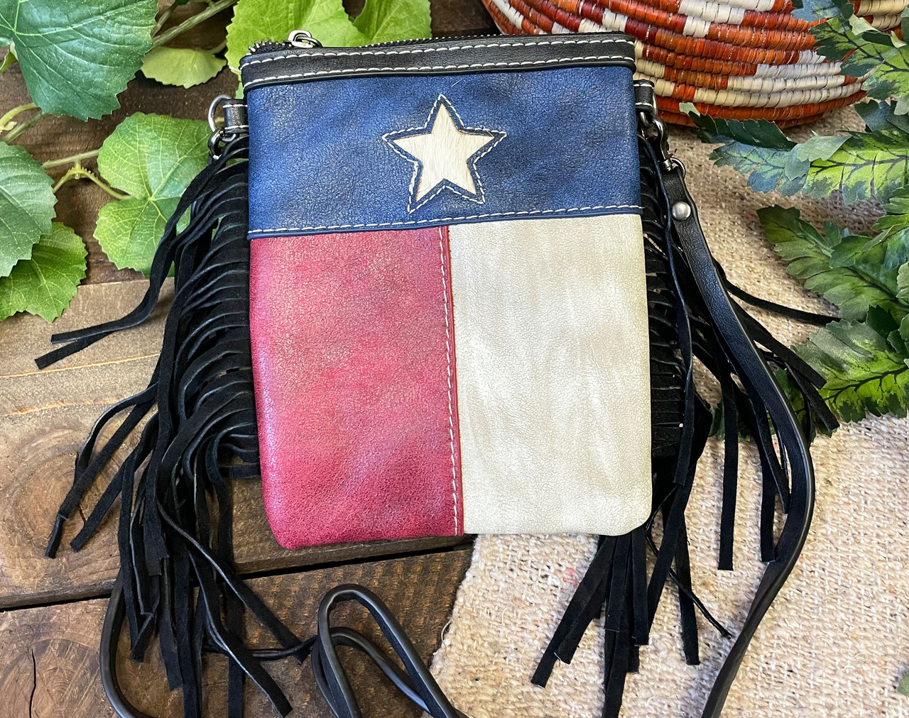 AD Tapestry and Leather Fringe Purse with a Crossbody Strap - Salt