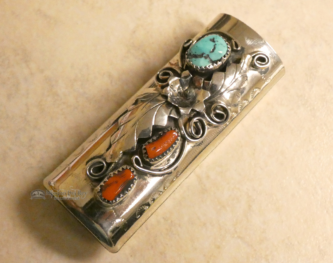 Navajo Sterling Silver Turquoise Coral Lighter Case Native American Jewelry  – Jewelry Native American