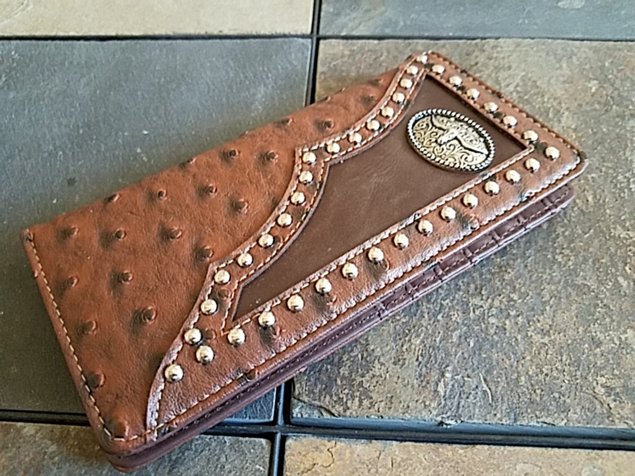 Texas Leather Hand Tooled Leather Wallet with Cowhide & Concho