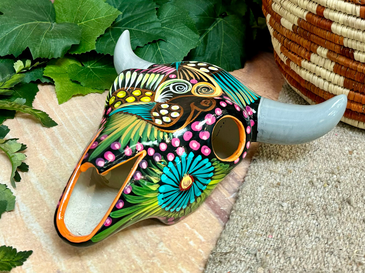 Mexican Hand Painted Ceramic Steer Skull 8.5