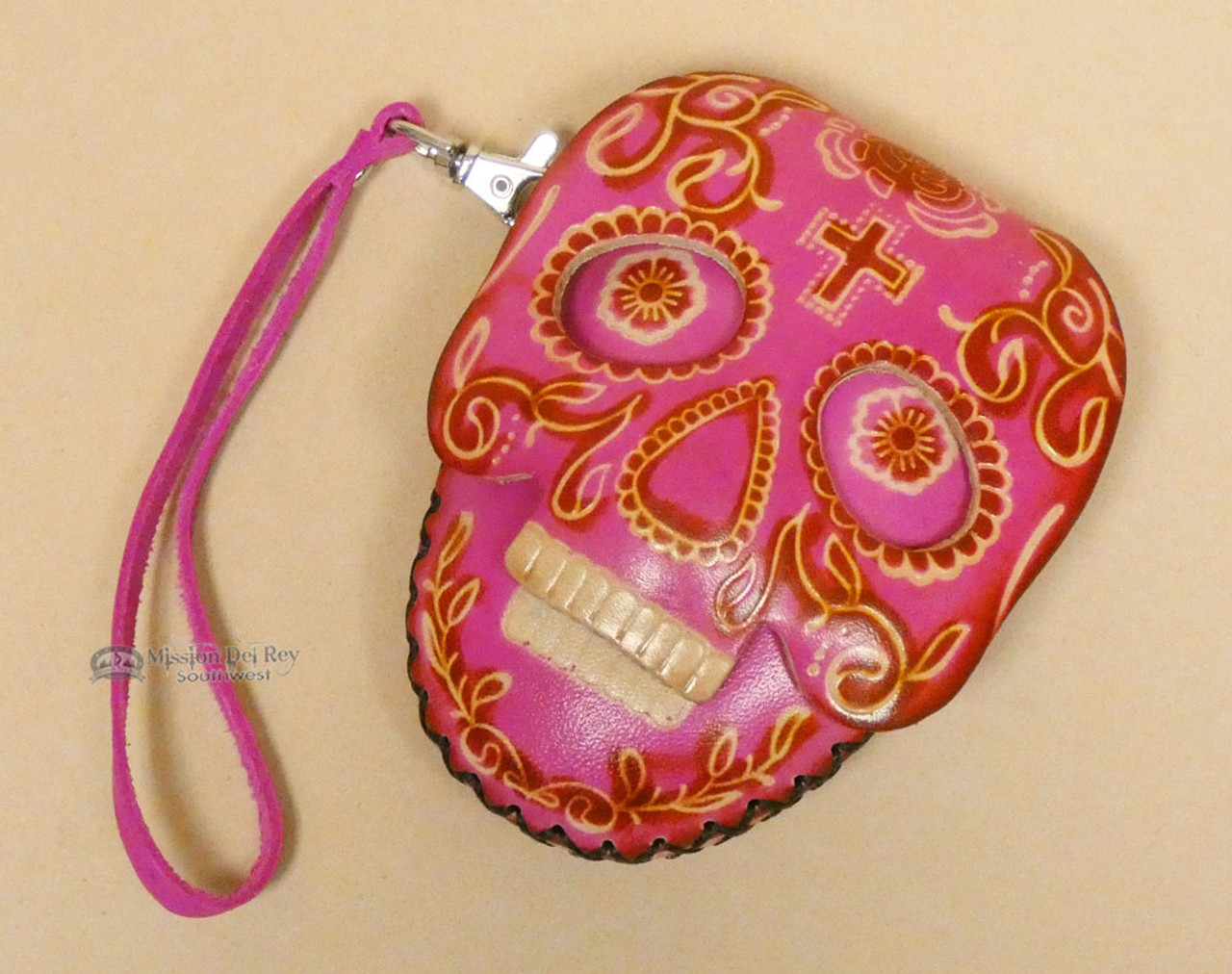 Mexican Tooled Leather Coin Purse -Sugar Skull (31ap300-1pnk