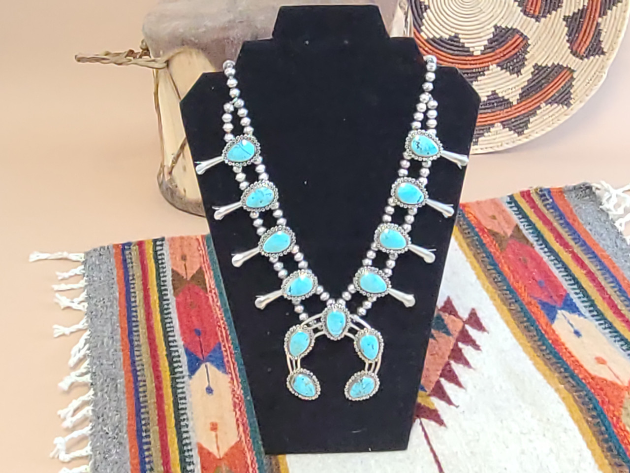 Navajo Lenora Garcia Small Turquoise and Sterling Silver Squash Blossom  Necklace and Earring Set