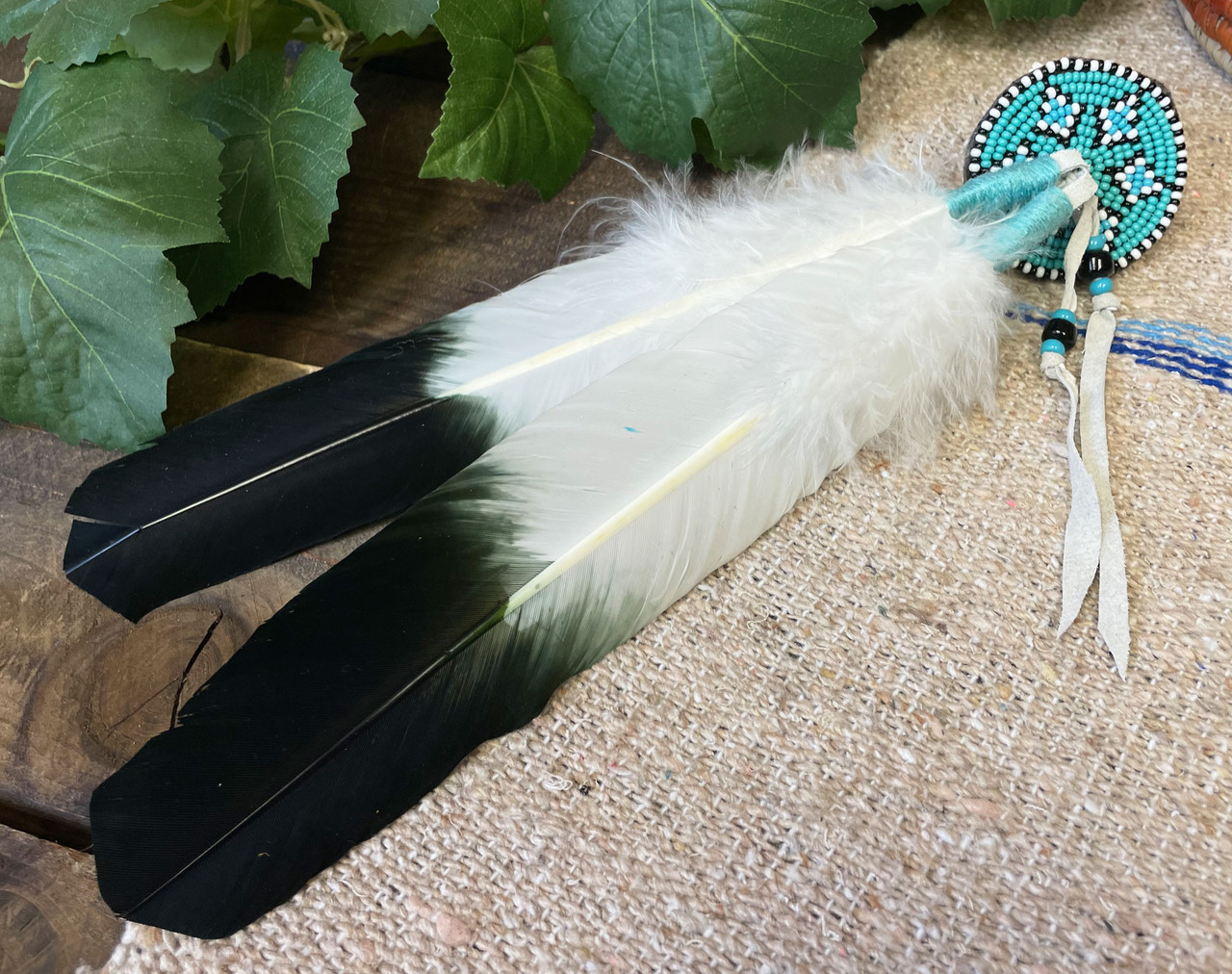 Navajo Beaded Rosette Hair Barrette w/ Feathers (23hb1) - Mission