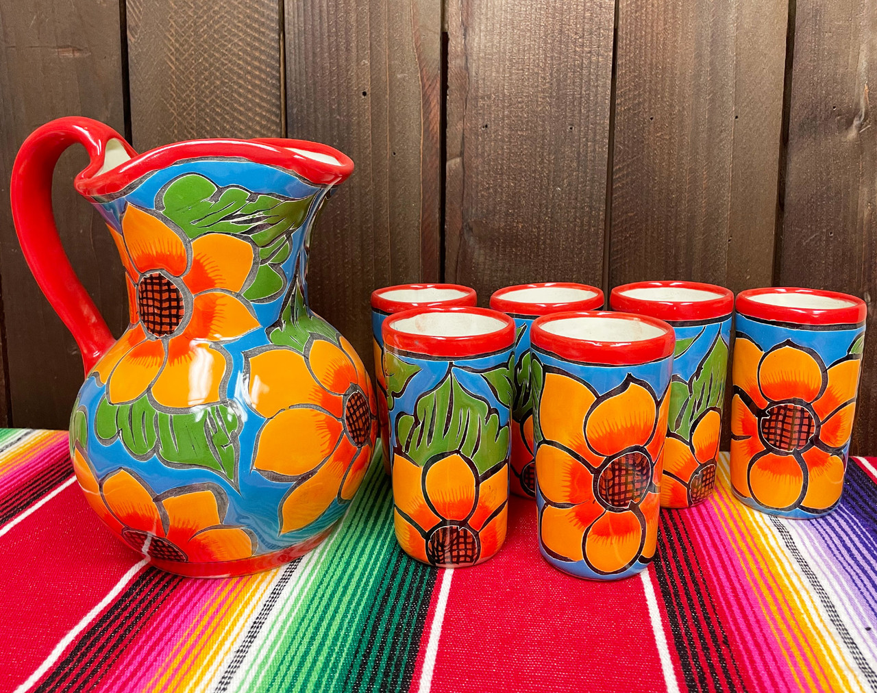 Large Mexican Hand-Painted Water Carafe