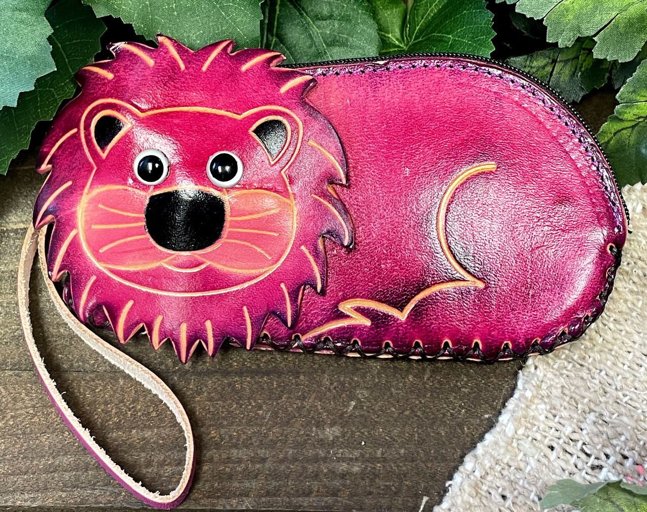 Wine Leather Medium Sized Hand-Bag with Embossed Lion