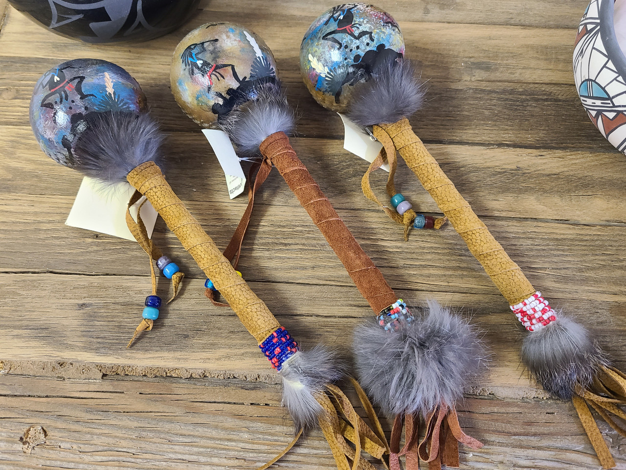 Assorted Navajo Rawhide Painted Rattle 9.5