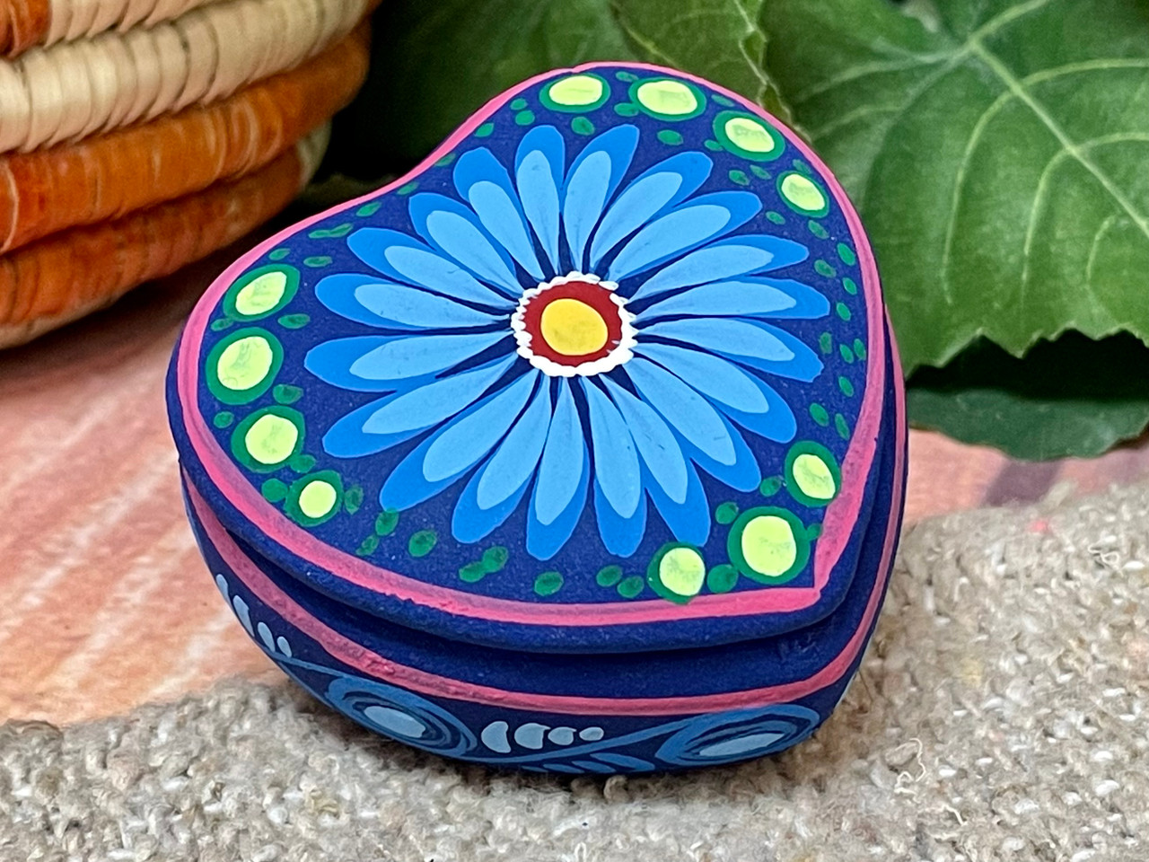 4 Zapotec Hand Painted Blue Wood Heart Ornaments, 'Blue Zapotec Heart