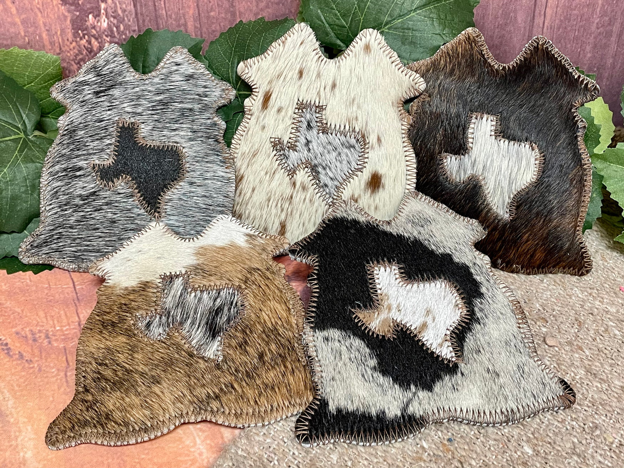 Assorted Genuine Cowhide Texas Coasters 5.5 (177bc17)