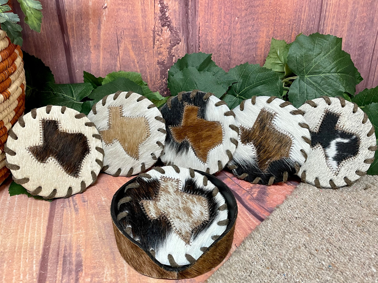 Assorted Genuine Cowhide Texas Coasters 5.5 (177bc17)