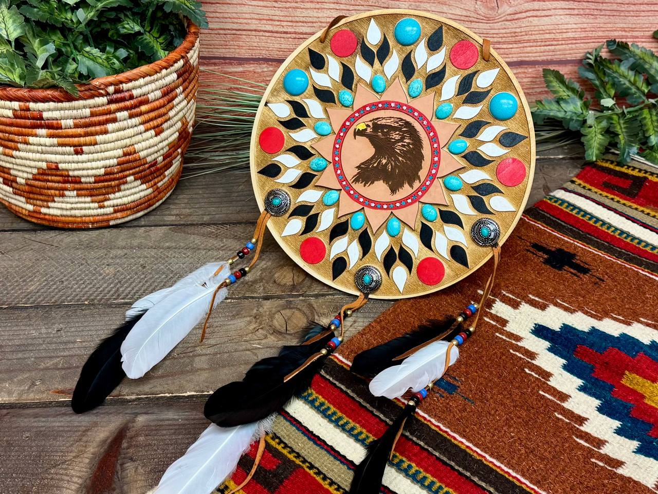 Hand Crafted Creek Indian Etched Wood Shield 12