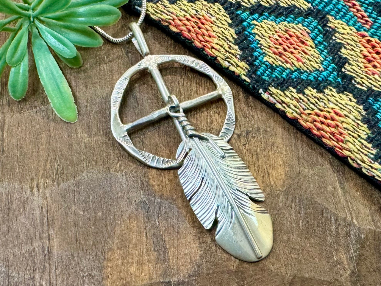 Navajo Medicine Wheel & Silver Feather Pendant 24