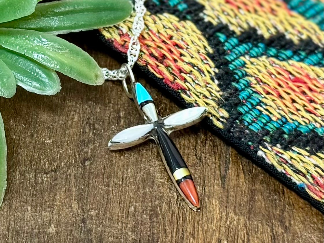 Zuni Indian Inlay Cross Pendant Necklace (65bc440)