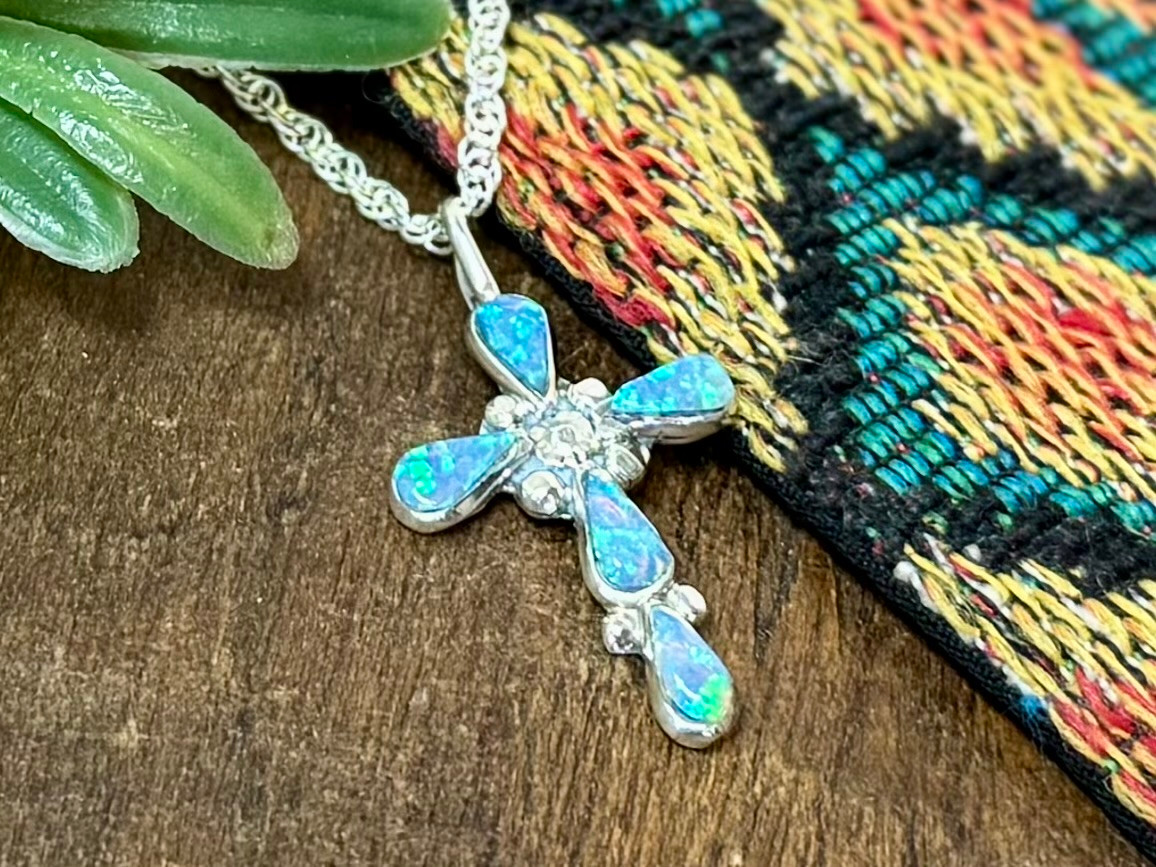 Zuni Indian Blue Opal Cross Pendant Necklace (65bc438)
