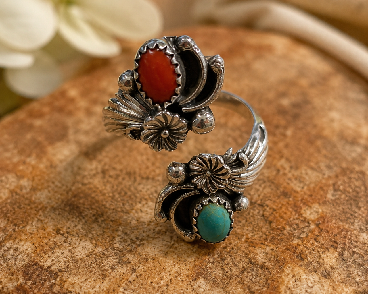 アクセサリー indian jewelry navajo Ring Navajo Silver/Coral/Turquoise Ring -Adjustable (65r275) - Mission