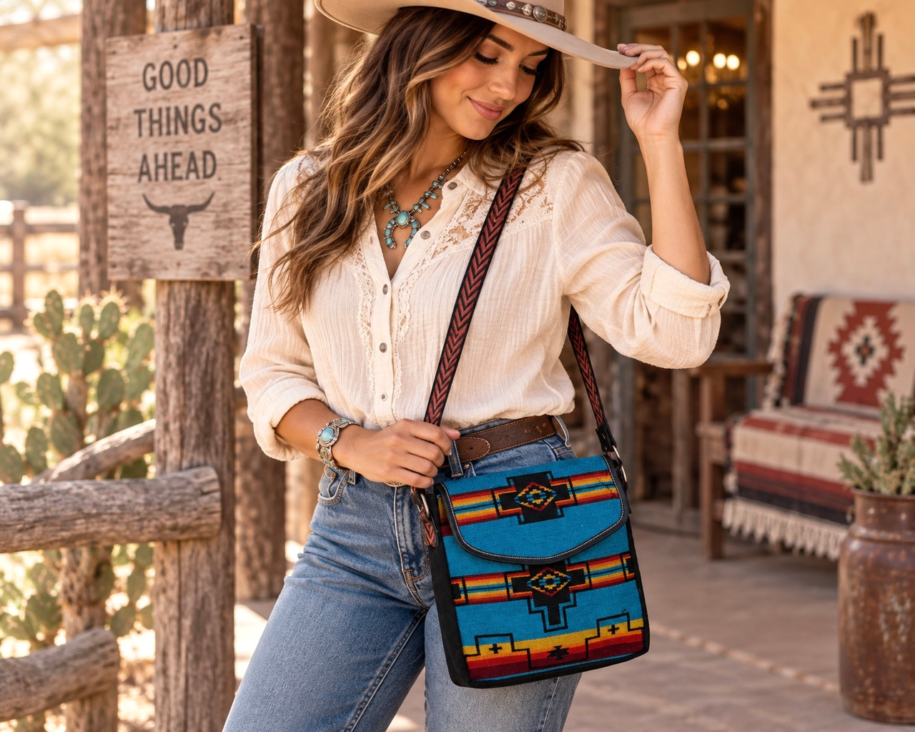 Southwest Woven Crossbody Bag -Turquoise (1opflap8a) - Mission Del