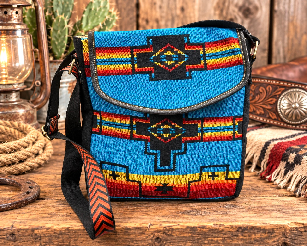 WARP AND WOOF Veau Epsomオリジナルウエストバッグ Southwest Woven Crossbody Bag -Turquoise (1opflap8a) - Mission Del