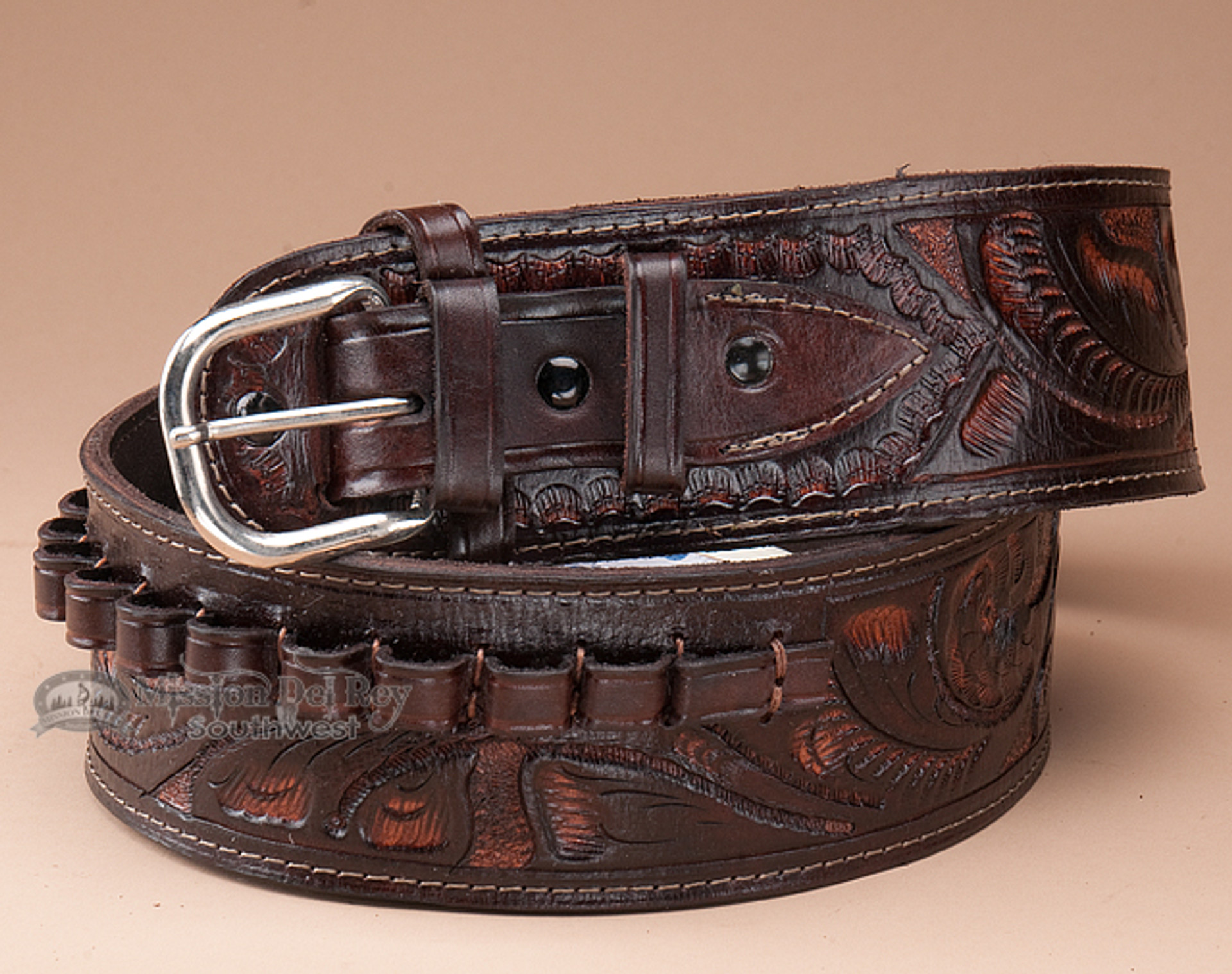 4445 Cal. Western Tooled Leather Gun Belt 36" (gb18) Mission Del Rey