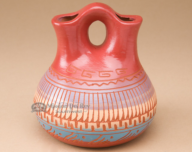 Etched Navajo Pottery Wedding Vase 4.5" (p318) Mission Del Rey