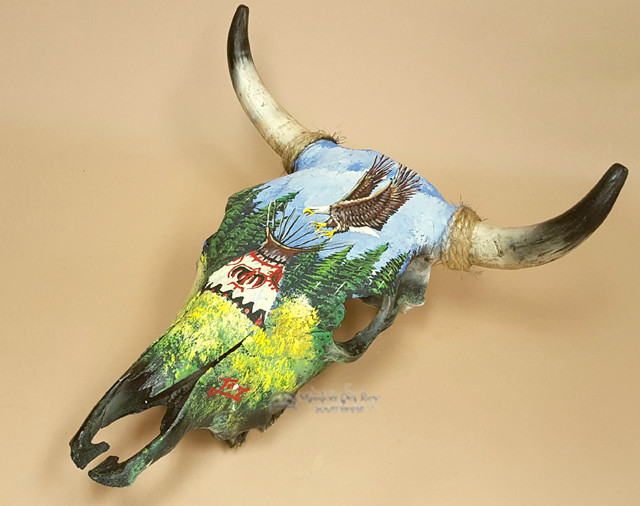 Hand Painted Steer Skull 19x19 -Eagle (PS16) - Mission Del Rey Southwest