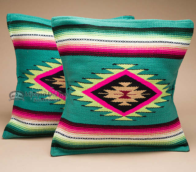 Pair Serape Southwestern Pillow Covers Lime 18x18 (apc6) Mission Del Rey Southwest